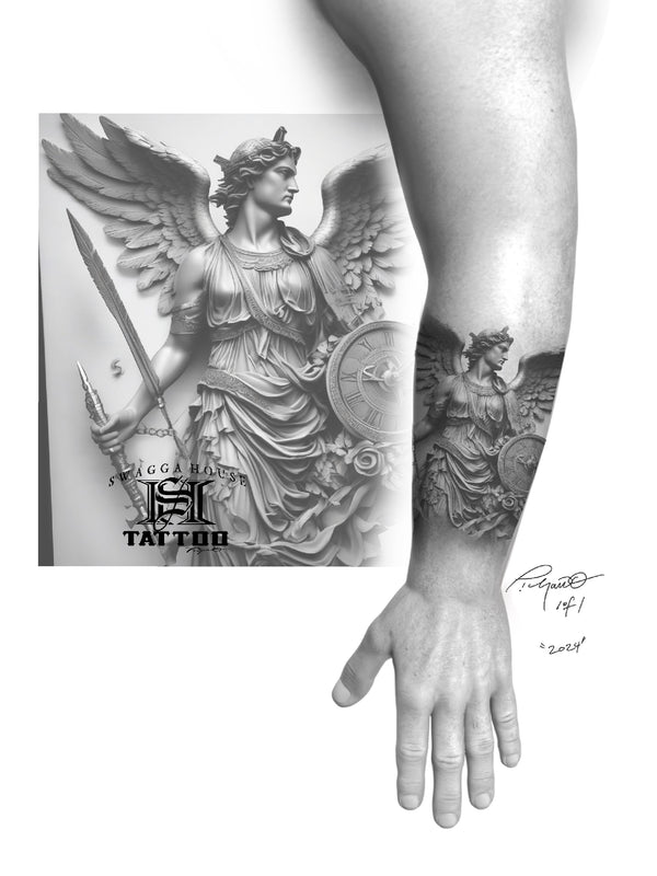 Original half sleeve tattoo design.                                    5 hour tattoo session by:                 Ron pichardo titled the guardian