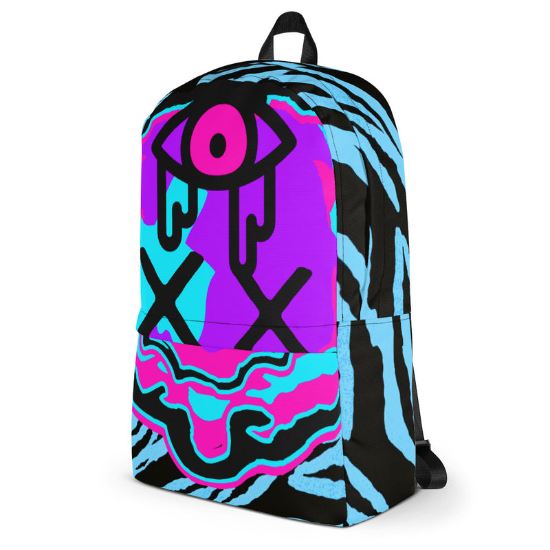 F*cking Weirdo Backpack Purple Neon Face w/ Blue Zebra Print